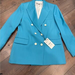 Zara Bright Turquoise Double-Breasted Blazer